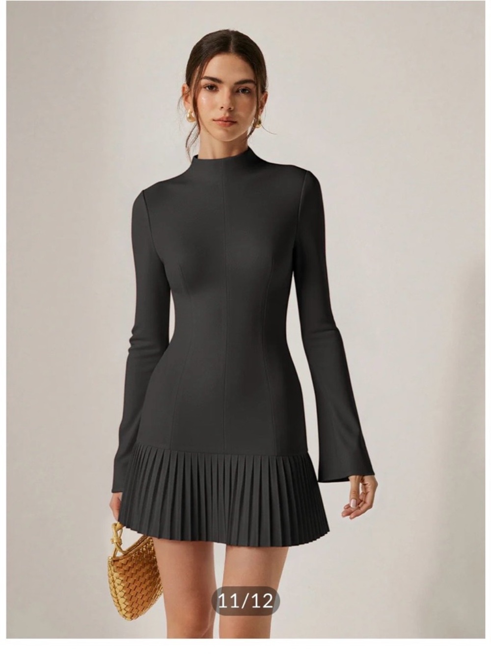 Mock-Neck Long-Sleeve Pleated Hem Mini Dress in Charcoal Grey